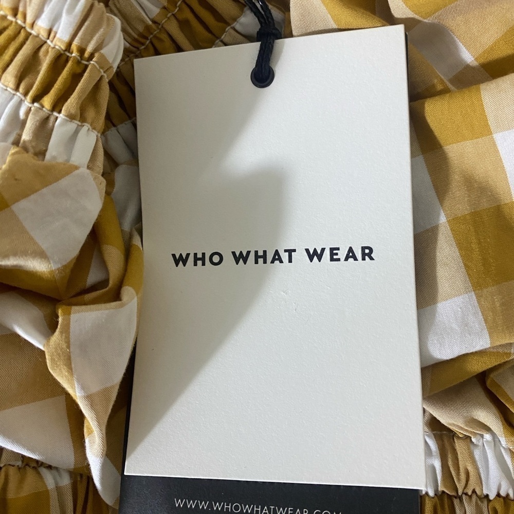Who What Wear Cotton One Shoulder Cut Out Mustard Yellow Gingham Dress — image 7 of 8